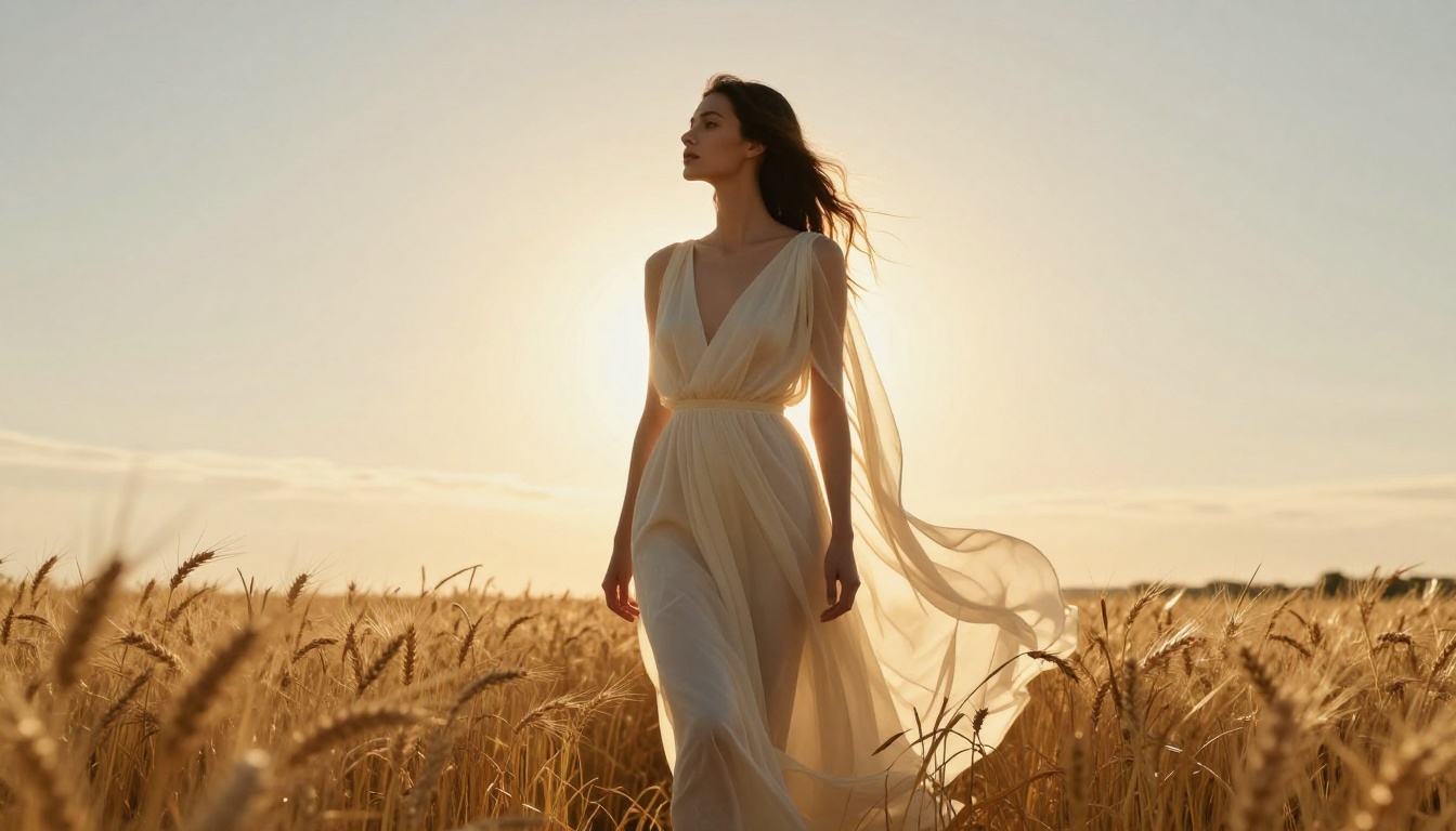 Backlit fashion editorial in golden wheat field