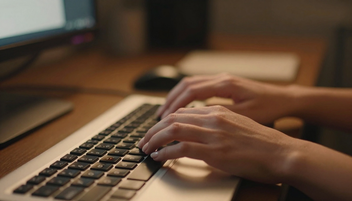 Hands typing on professional keyboard with warm monitor glow in background