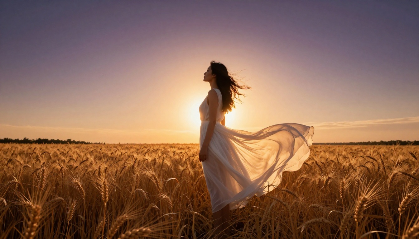 Woman in flowing white sheer summer dress backlit by setting sun in golden wheat field