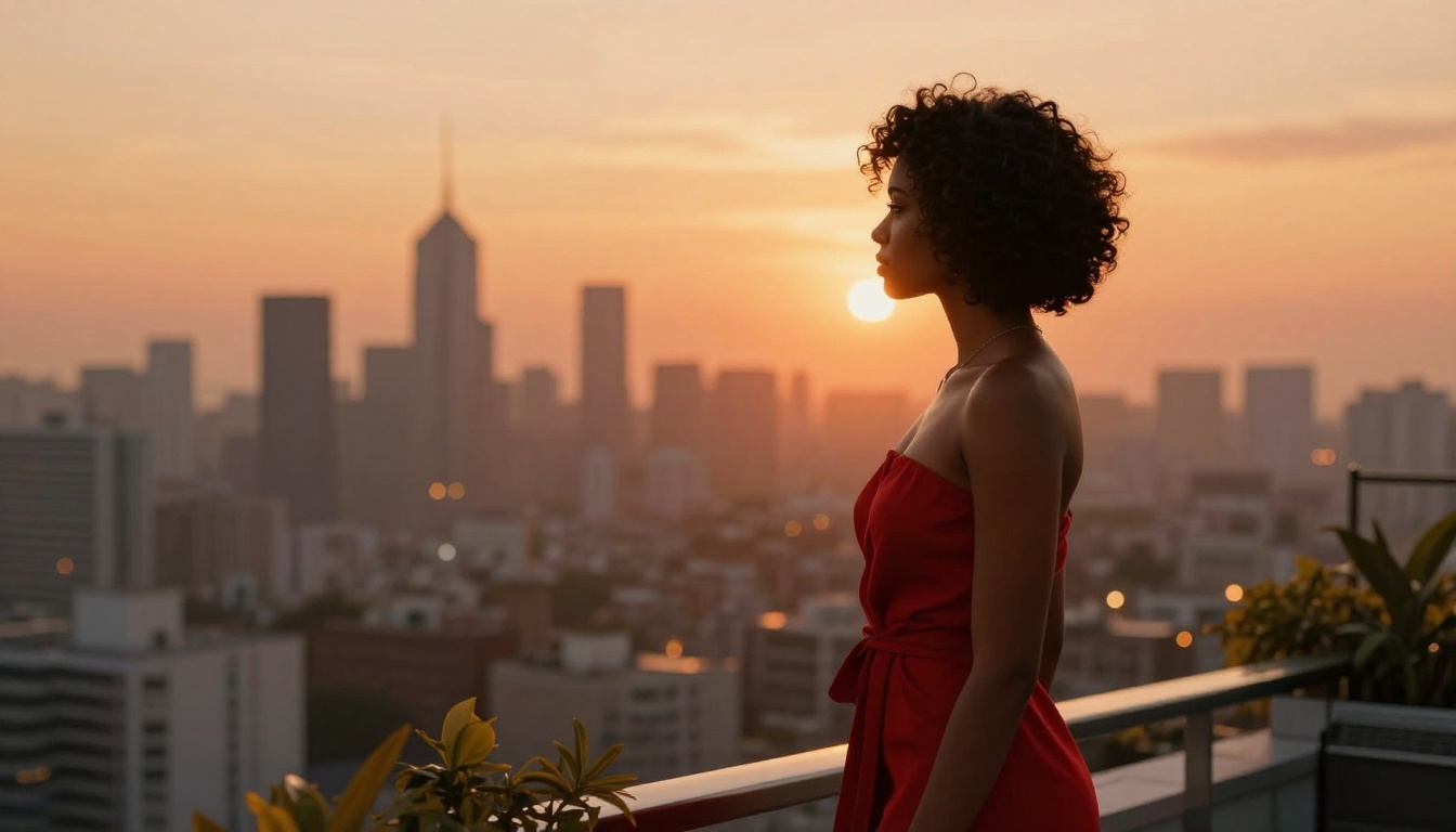 Sophisticated woman in a red wrap dress standing on a rooftop at sunset with a glowing city skyline