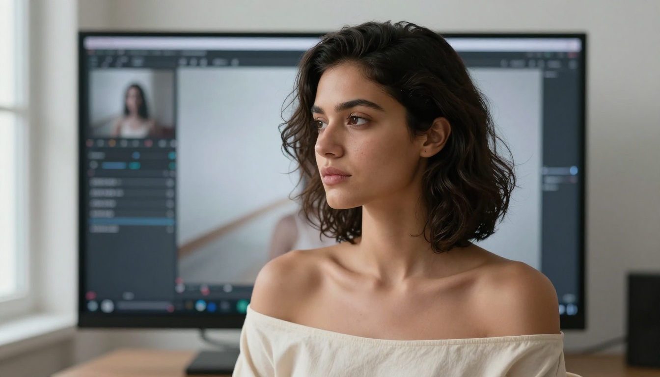 Woman reviewing cinematic AI video output on professional monitor