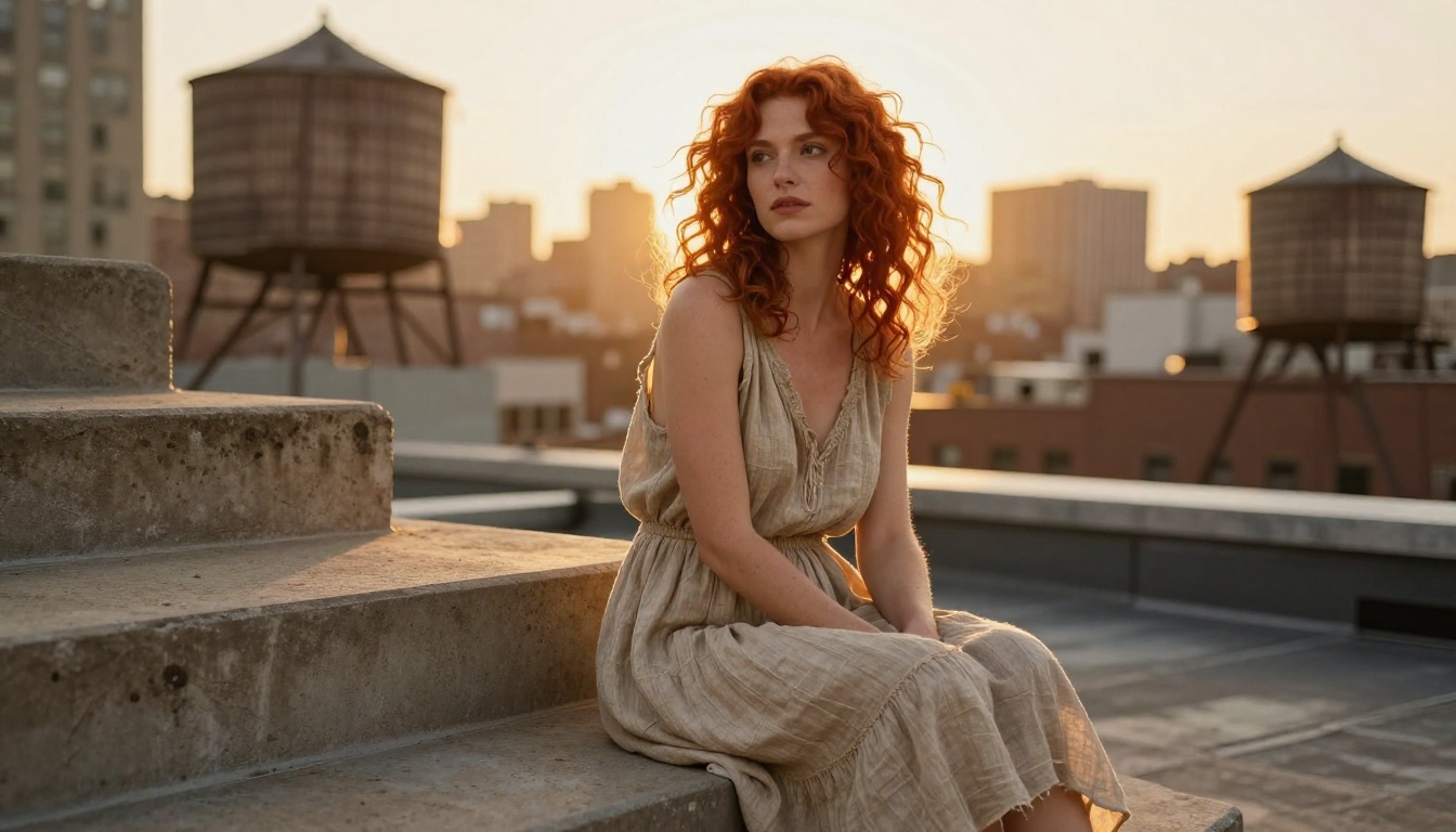 Rooftop woman with curly red hair, bohemian linen dress, rim-light halo around hair, soft-focus Manhattan skyline, 85mm f/1.8 lens