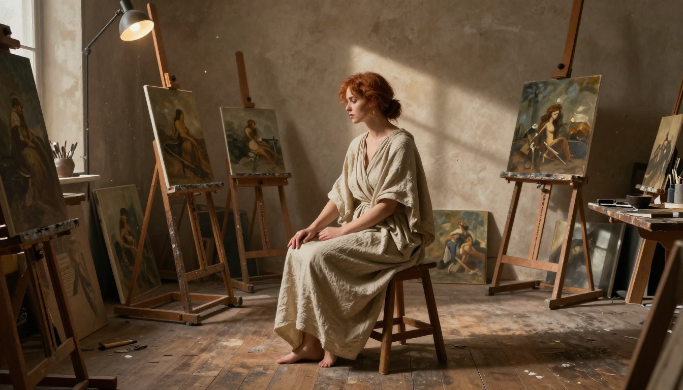 Artistic figure study in classical painting studio with warm lamp light Artistic figure study in classical painting studio with warm lamp light