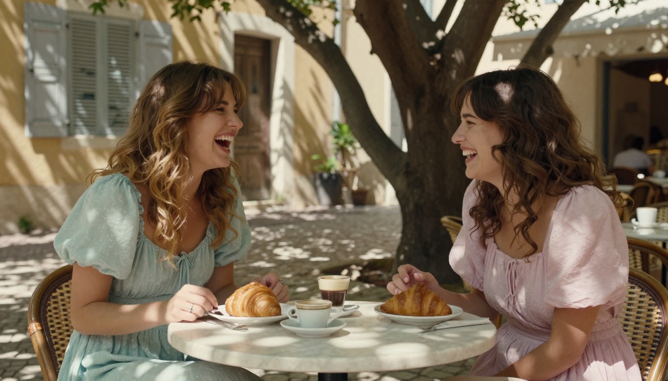 Two women laughing at a sunlit French café terrace, pastel summer dresses, dappled light through trees