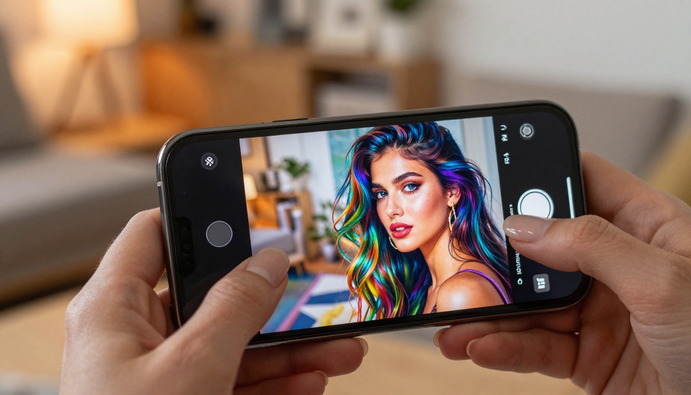 Smartphone held in hand displaying AI-generated glamour portrait on screen