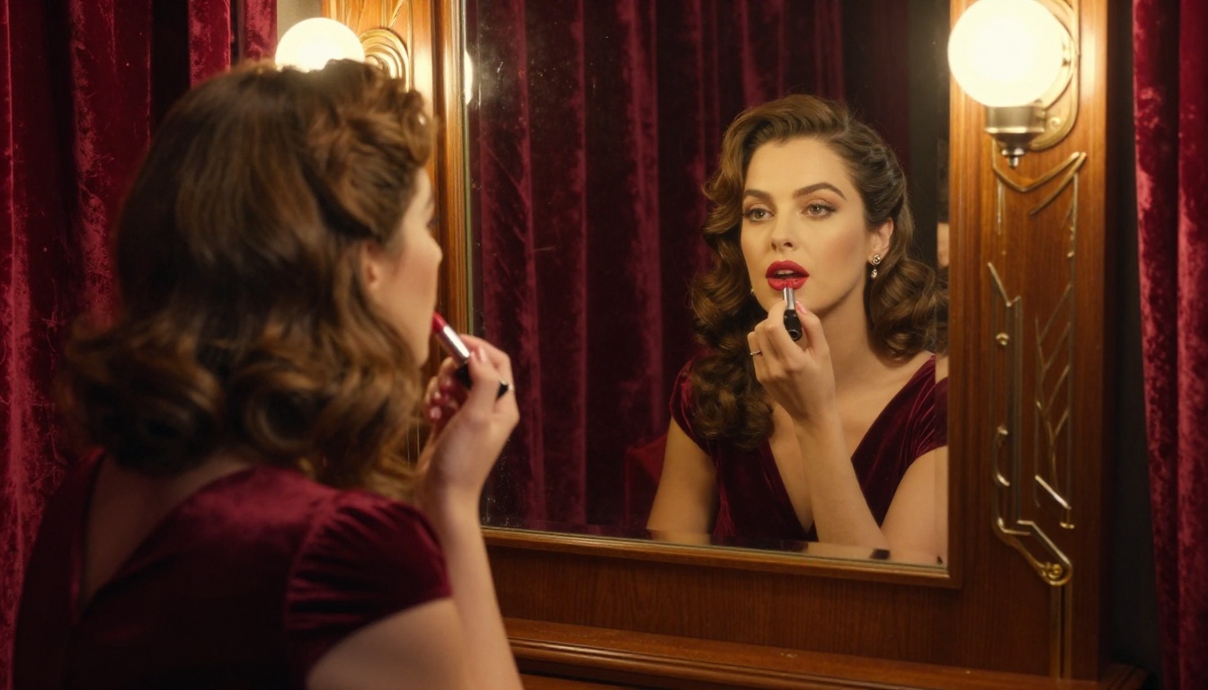 Art-deco vanity mirror with warm incandescent bulbs, woman applying red lipstick, mahogany furniture, velvet drapes, 50mm f/2.8 lens