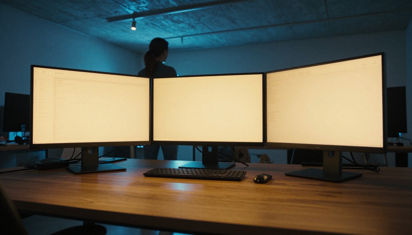 Low-angle workstation with three monitors glowing in premium content studio