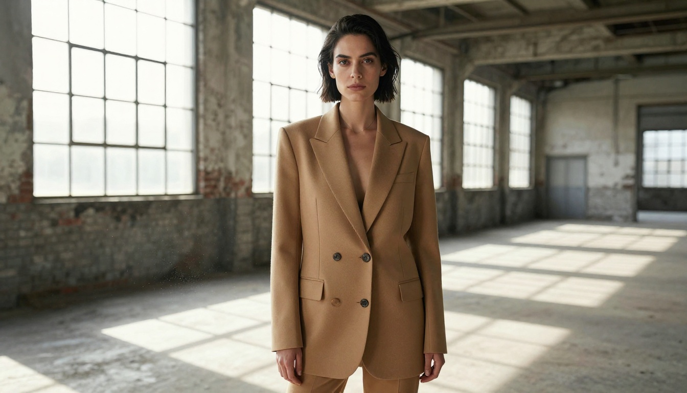 Editorial fashion portrait in industrial warehouse with dramatic natural light