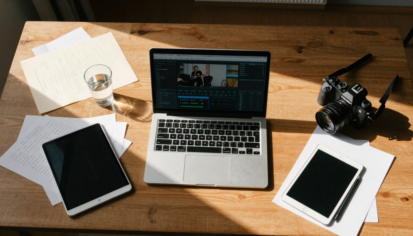 Aerial overhead view of creative studio desk with laptop, camera and notes