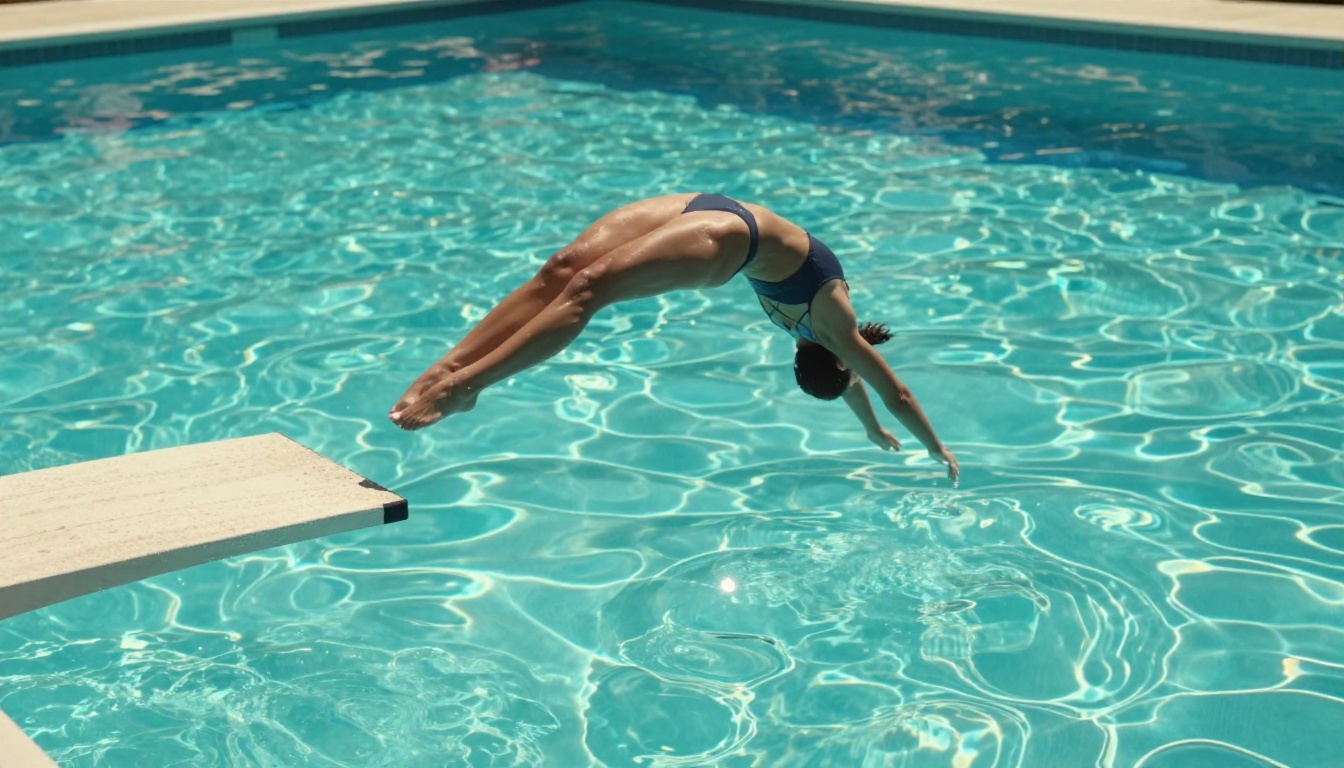 Dynamic action shot, woman jumping into turquoise pool from diving board, mid-air, caustic light patterns on pool floor, 35mm f/5.6 Dynamic action shot, woman jumping into turquoise pool from diving board, mid-air, caustic light patterns on pool floor, 35mm f/5.6