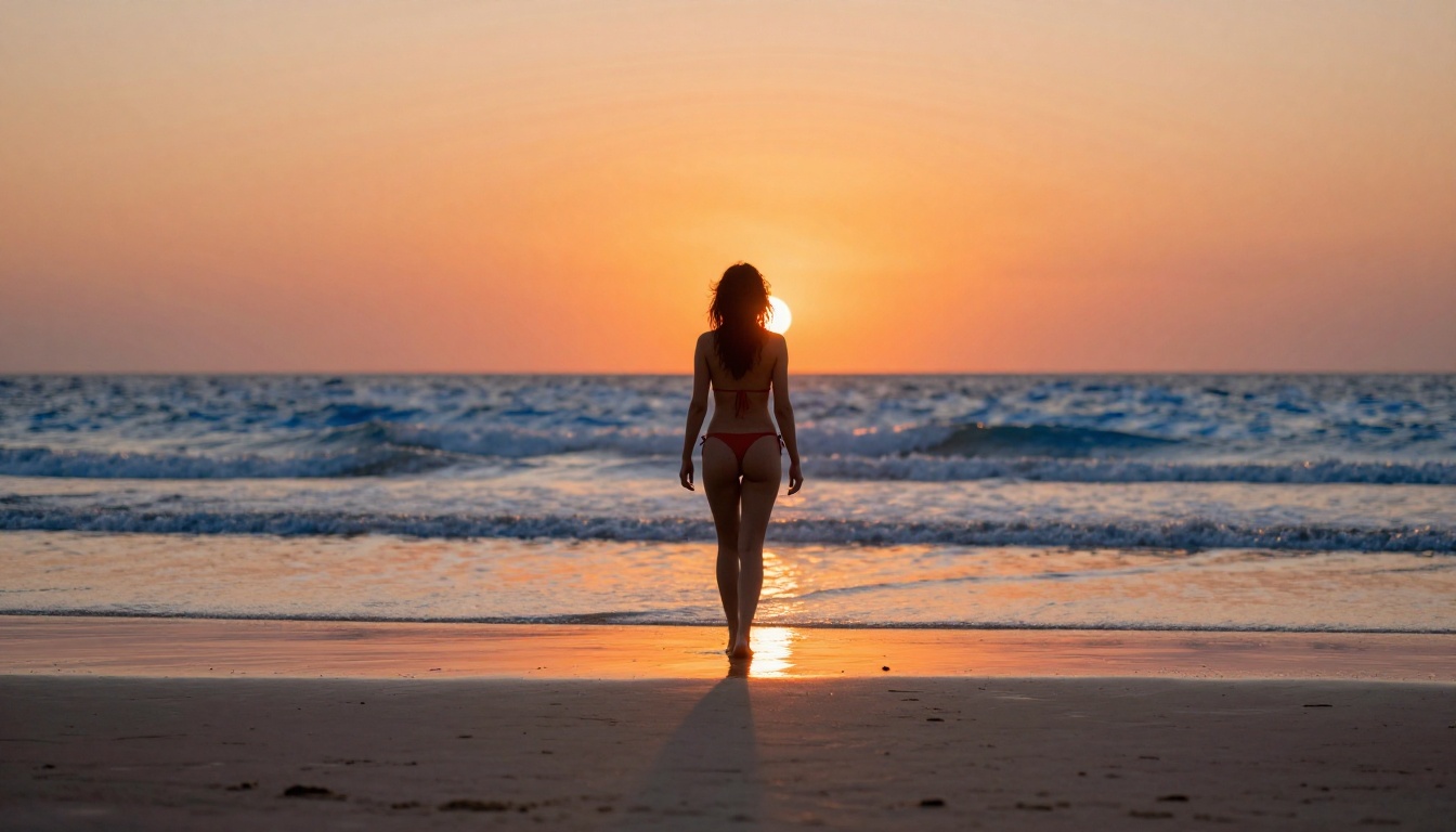 Woman in red bikini walking alone at sunset on an empty beach