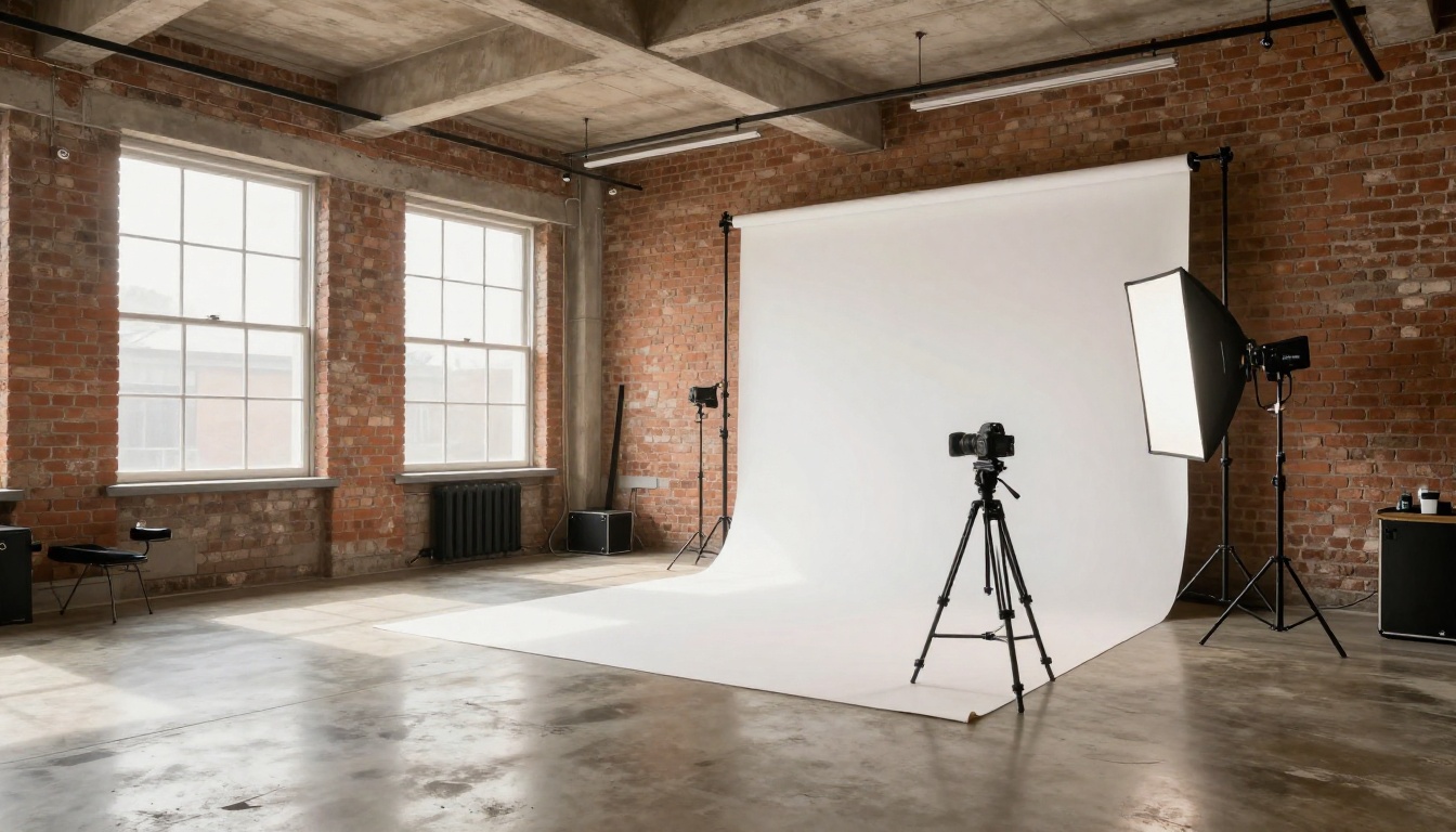 Wide shot of a professional photography studio with exposed brick, soft north-facing skylight, camera on tripod