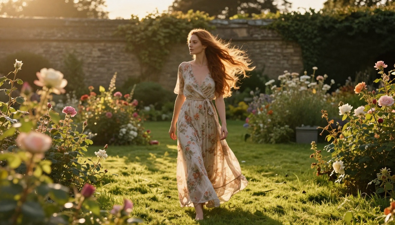 Woman in flowing dress in lush English garden at golden hour Woman in flowing dress in lush English garden at golden hour