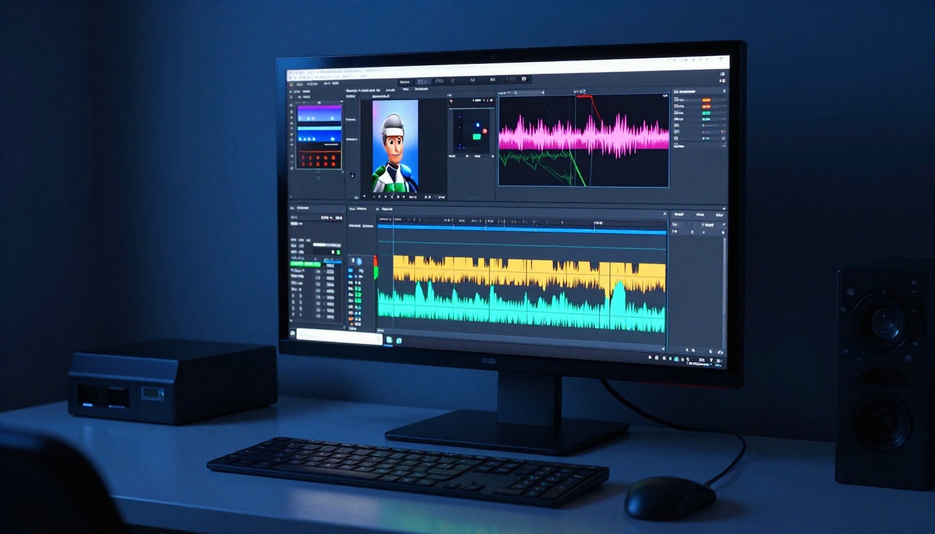 Professional cinema monitor showing video editing timeline in dramatic blue light