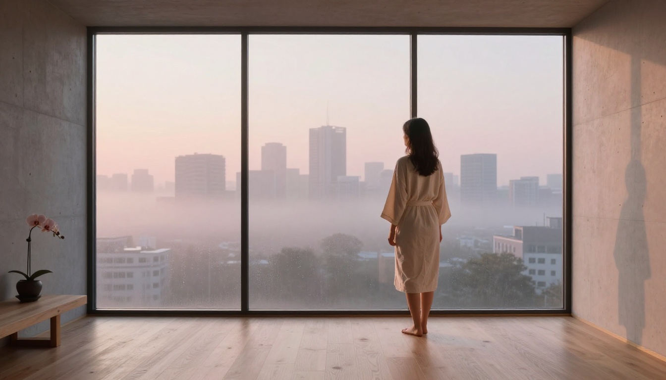 Soft morning shot, woman in cotton robe at floor-to-ceiling windows, foggy city skyline at dawn, Japanese-inspired interior, 35mm f/2.0 Soft morning shot, woman in cotton robe at floor-to-ceiling windows, foggy city skyline at dawn, Japanese-inspired interior, 35mm f/2.0
