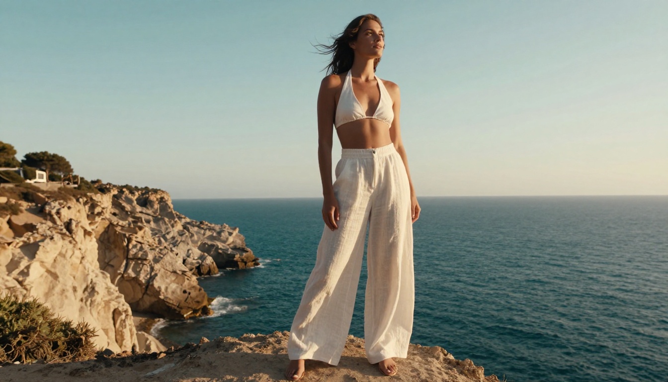 Woman in white linen halter top standing on Mediterranean cliff edge, strong coastal backlight, wind in hair