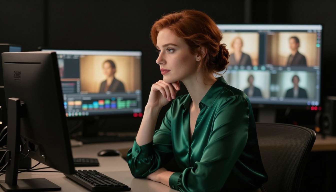 Elegant woman in emerald blouse at video production workstation with monitor glow