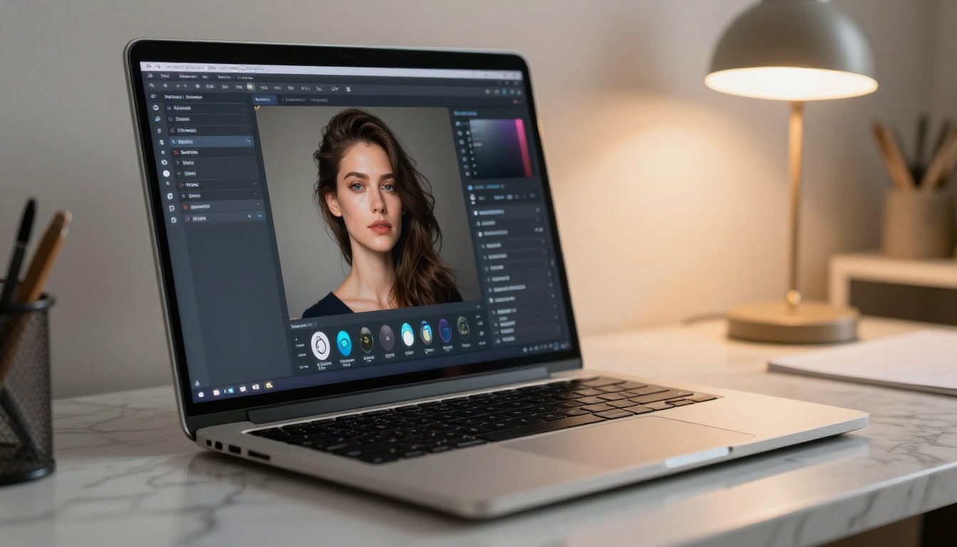 Close-up of a laptop screen showing a digital AI art interface with a generated portrait, on a marble desk, warm desk lamp light, 85mm macro-style Close-up of a laptop screen showing a digital AI art interface with a generated portrait, on a marble desk, warm desk lamp light, 85mm macro-style