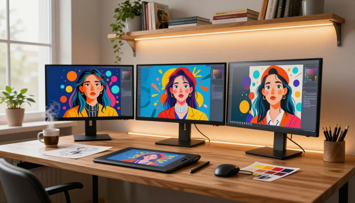 Modern creative workspace with AI art on three monitors