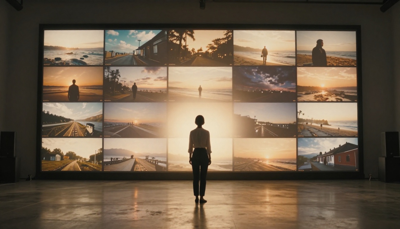 Content creator standing before wall display showing cinematic video frame grid