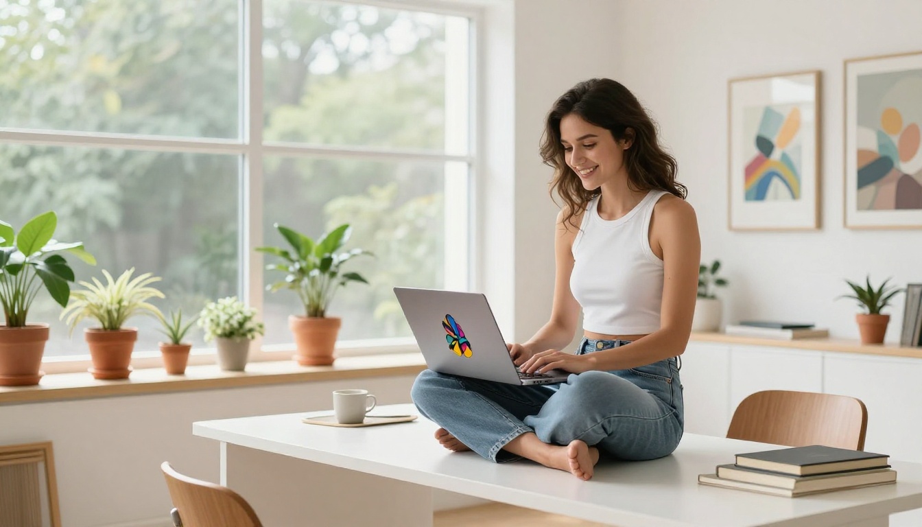 Creative woman using AI image tools in a bright modern studio