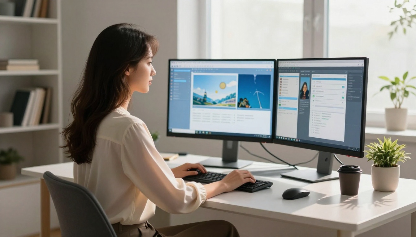 A woman comparing AI tools at her modern home studio setup with dual monitors