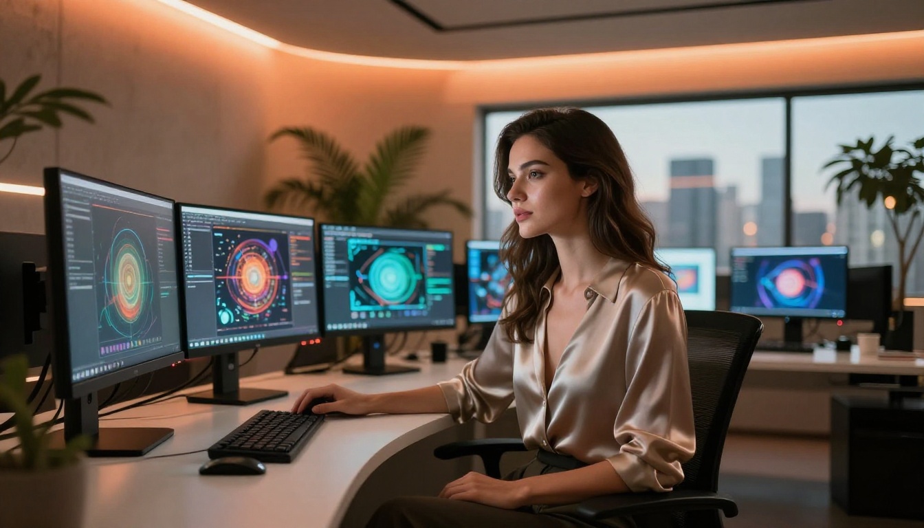 AI creative studio with woman at monitors