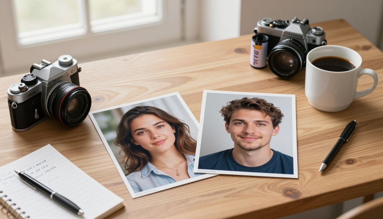 Flat lay of two printed AI-generated photographs on a wooden desk with camera and film rolls