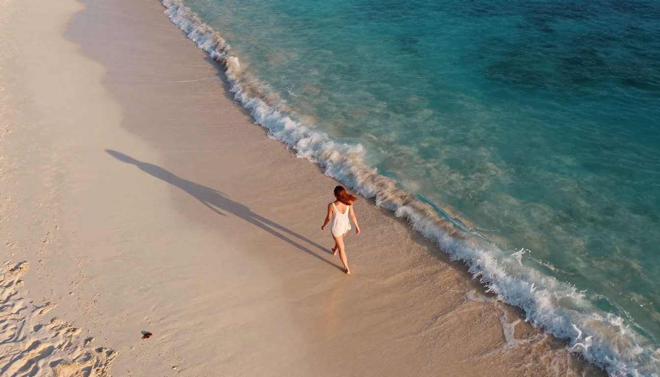 Aerial view of woman walking on tropical beach at golden hour
