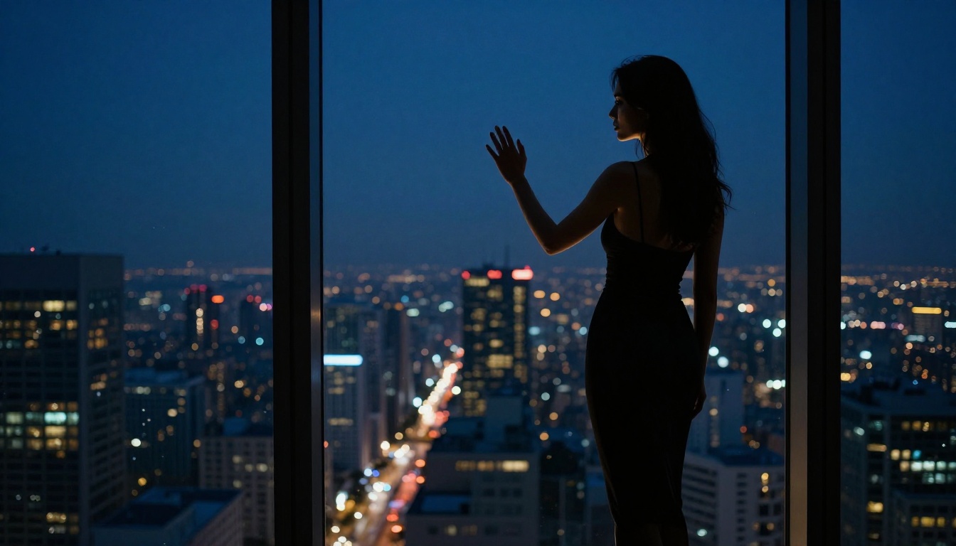 Dramatic silhouette of a woman against a city skyline at night through a large window