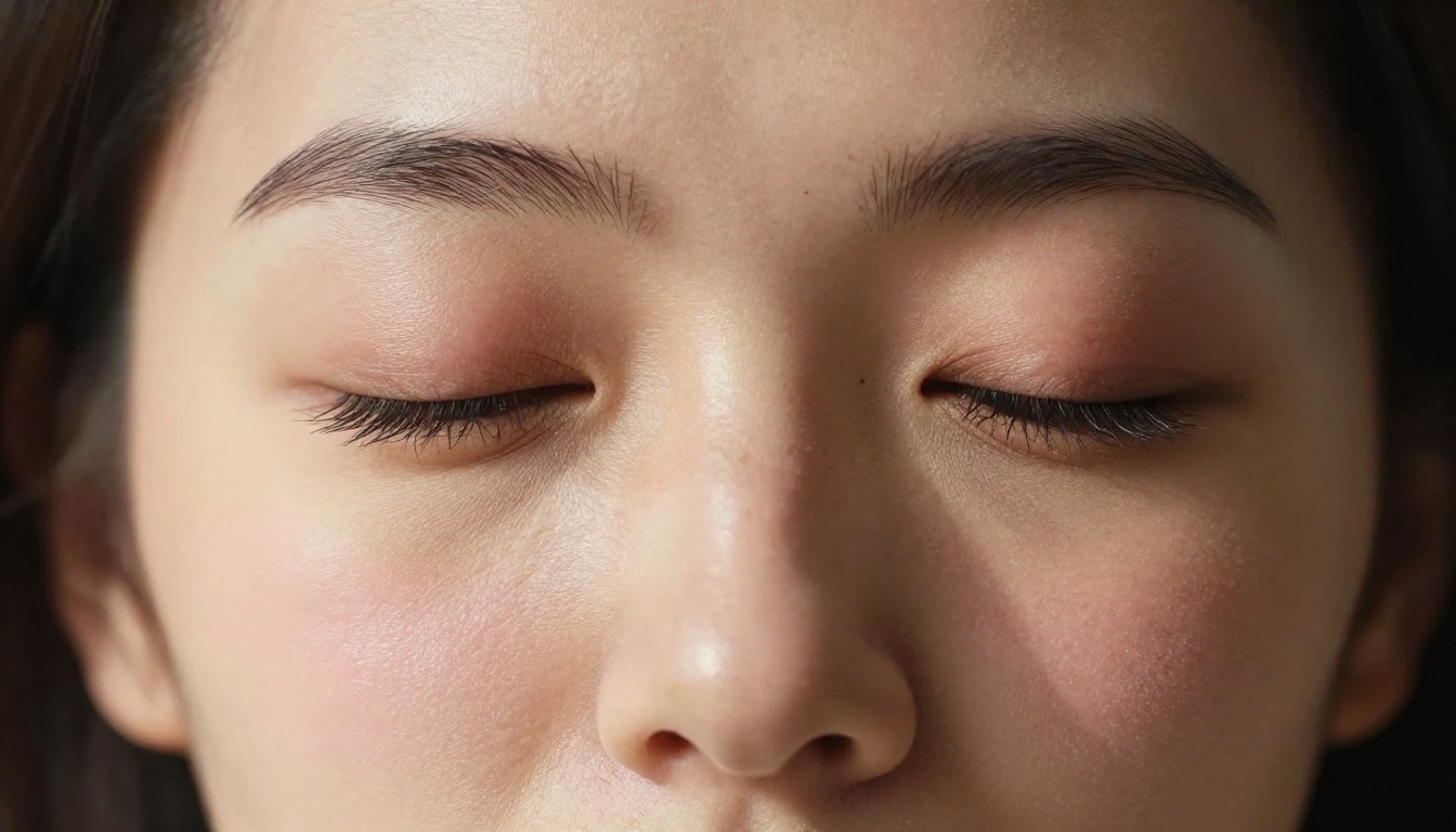 Extreme close-up portrait of a woman with eyes closed, photorealistic skin texture detail