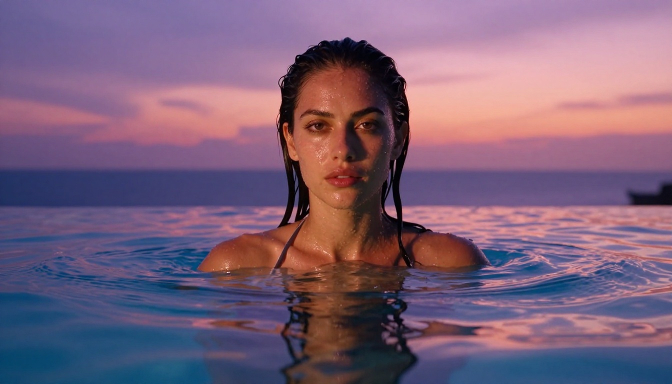 Woman in infinity pool at twilight with water reflections
