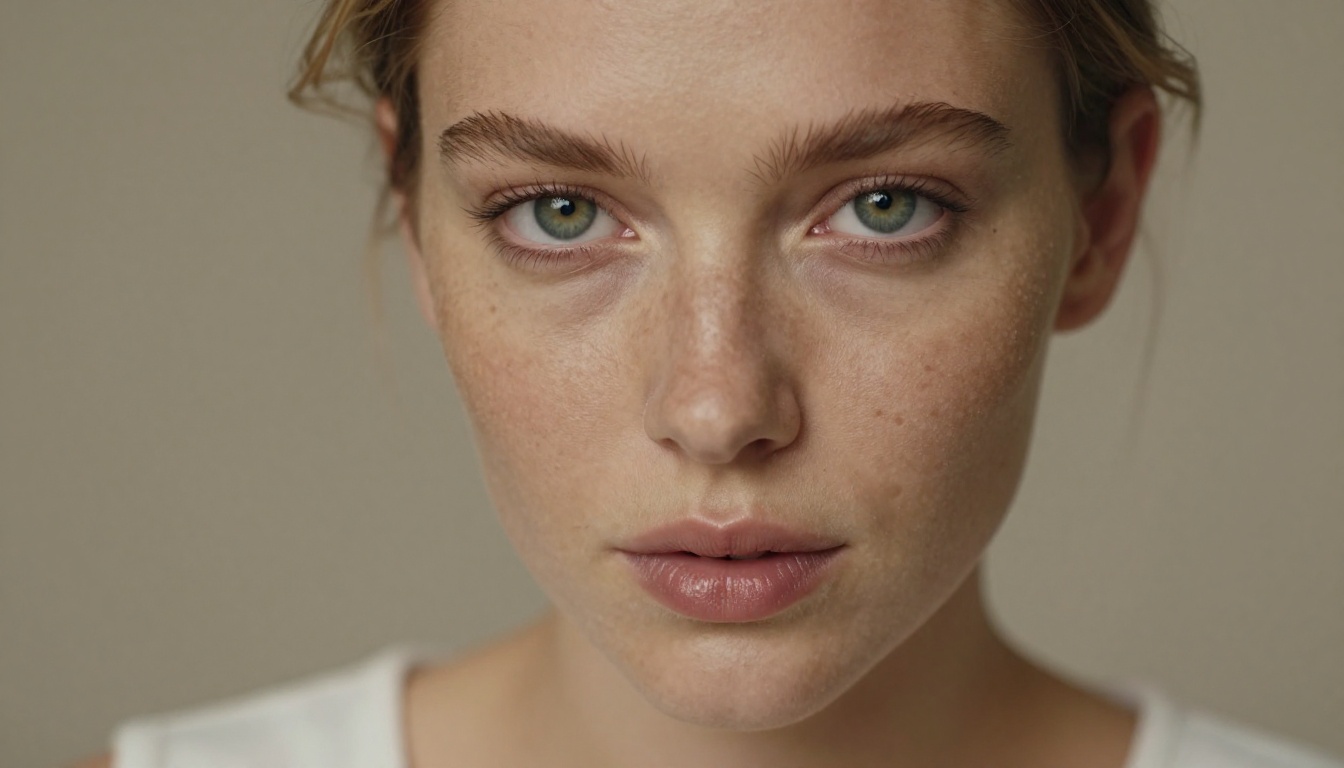 Close-up portrait of a woman with green eyes and freckled complexion in white off-shoulder top