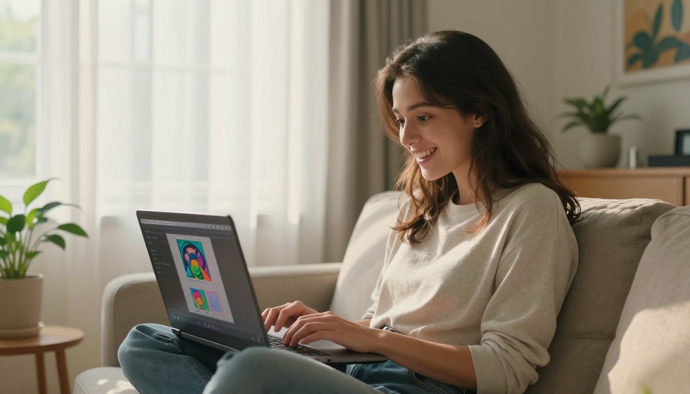 A young woman smiling at her laptop showing an AI image generation result in a cozy living room