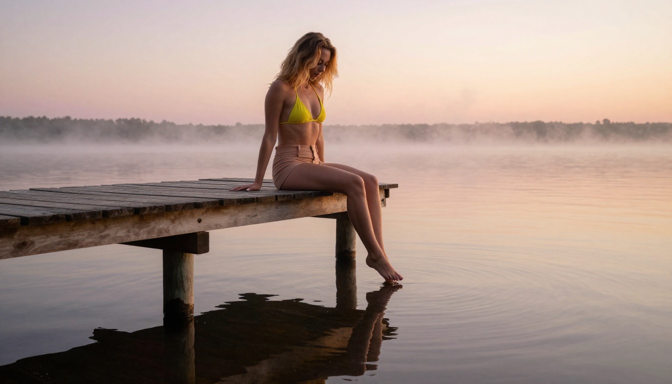 Woman in yellow bikini top sitting on a wooden pier at sunrise over a misty lake