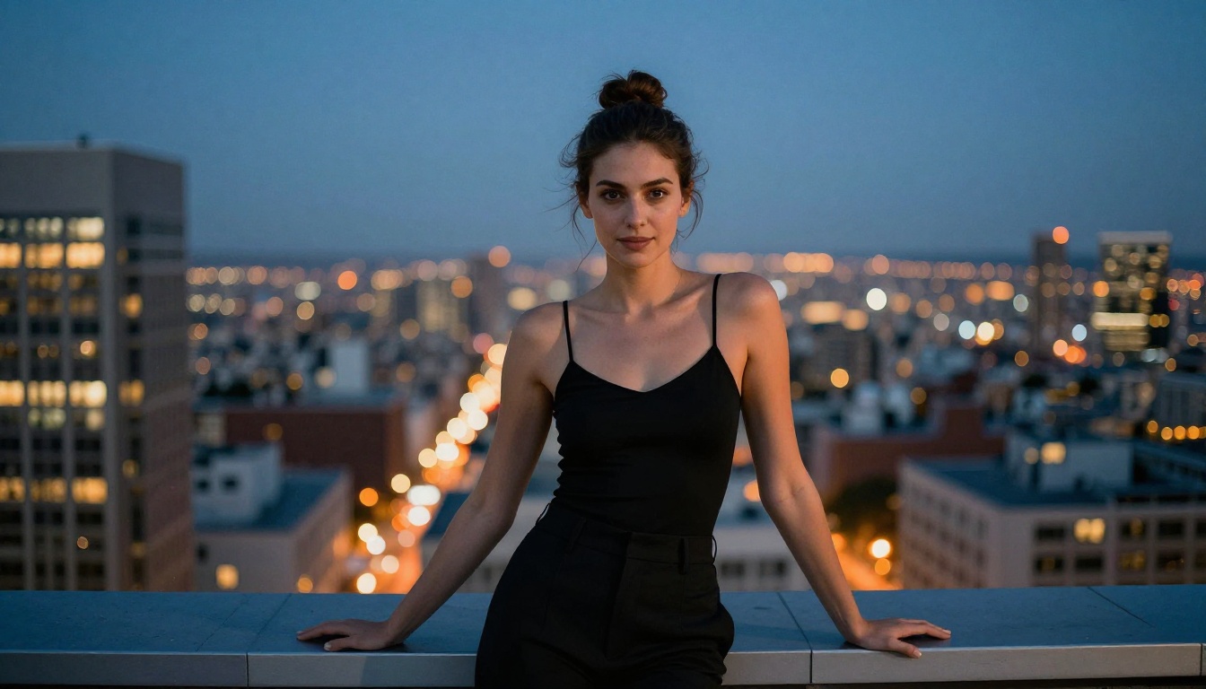 Woman on city rooftop at blue hour with bokeh city lights Woman on city rooftop at blue hour with bokeh city lights