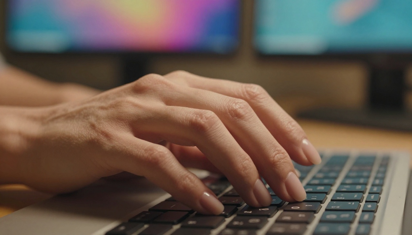 Hands on keyboard with creative studio monitors in background Hands on keyboard with creative studio monitors in background