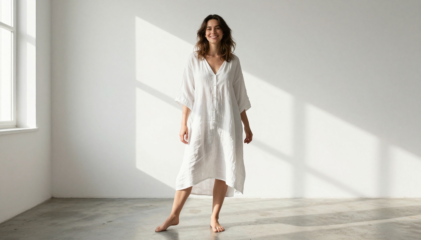 Confident woman in airy white studio with warm natural light Confident woman in airy white studio with warm natural light