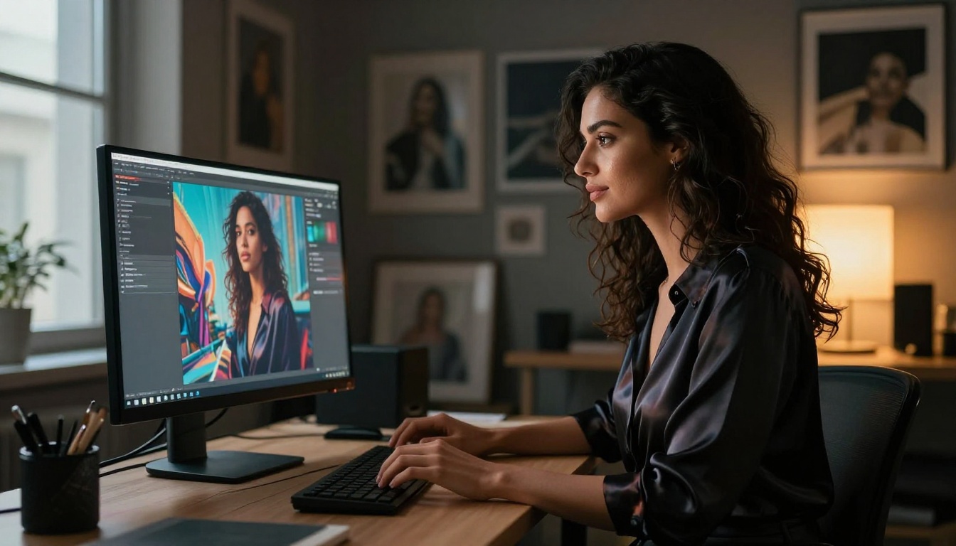 AI creator using text-to-image tools in a creative studio setup AI creator using text-to-image tools in a creative studio setup