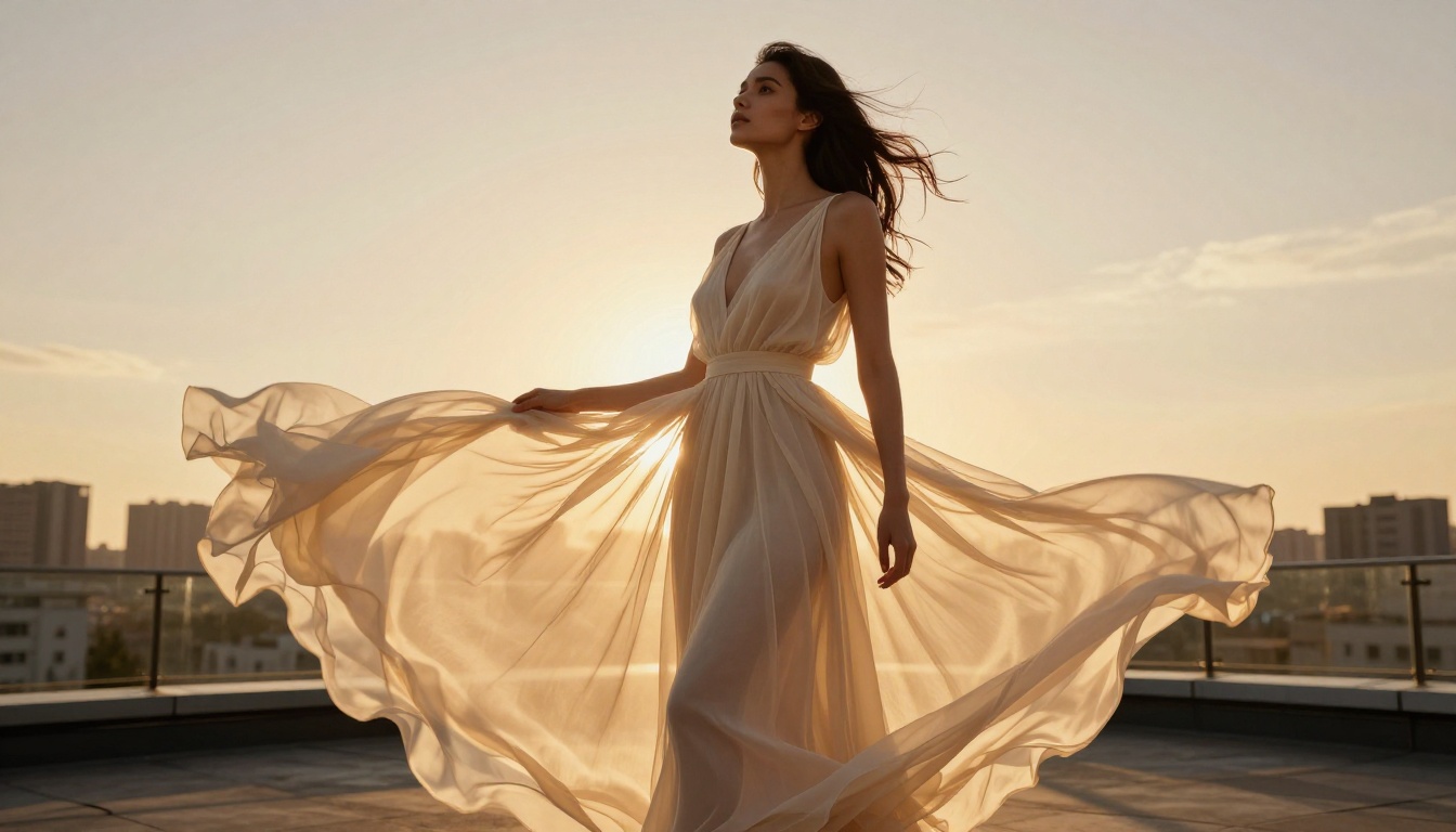 Woman in sheer dress on rooftop at golden hour, low-angle dramatic perspective Woman in sheer dress on rooftop at golden hour, low-angle dramatic perspective