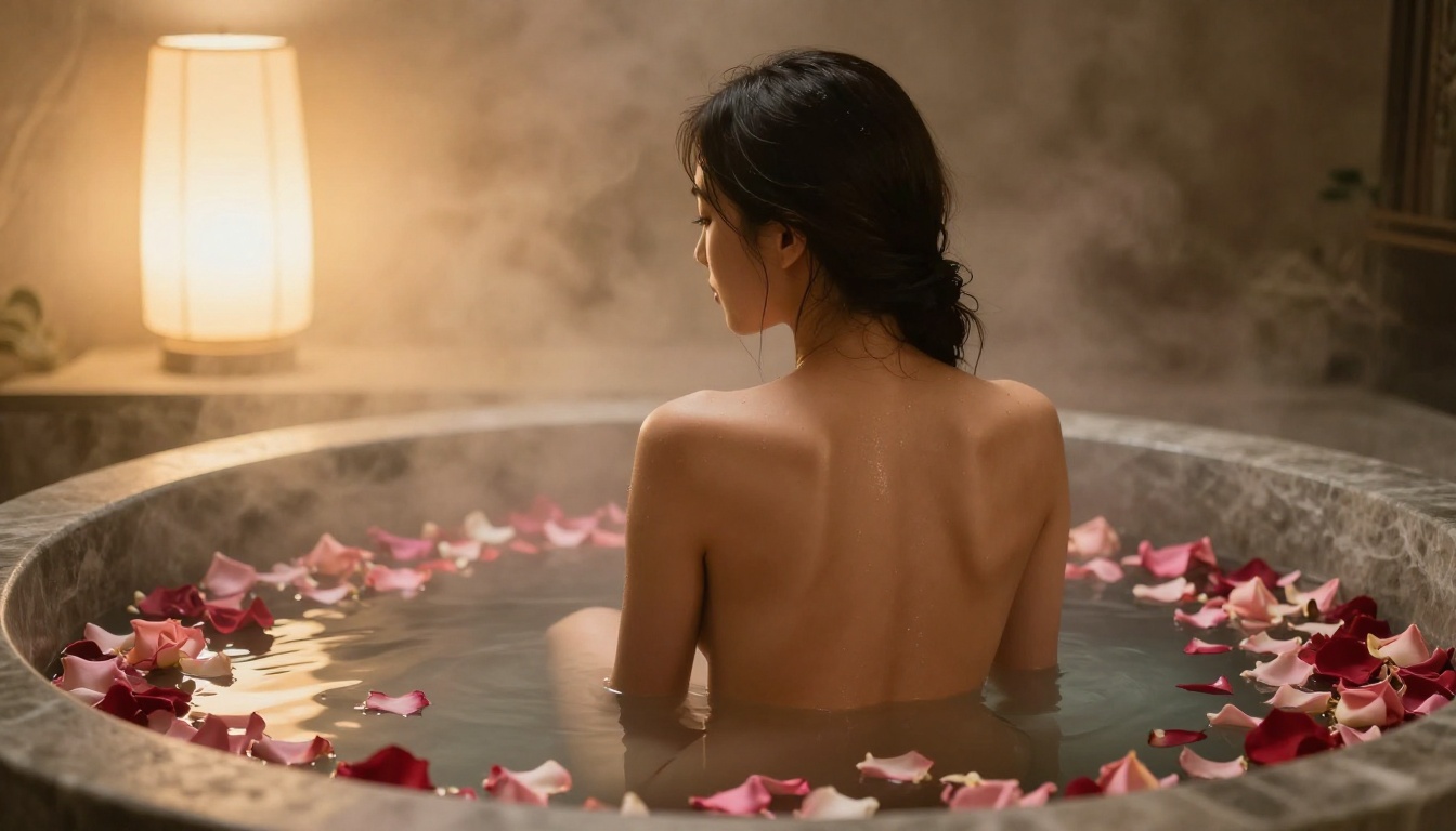 Artistic implied nudity, rear view bathtub scene with rose petals and steam Artistic implied nudity, rear view bathtub scene with rose petals and steam