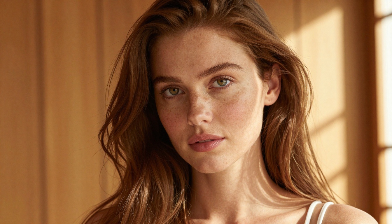 Close-up portrait of a woman with auburn hair showing photorealistic skin detail rendered with natural Rembrandt lighting and film grain texture