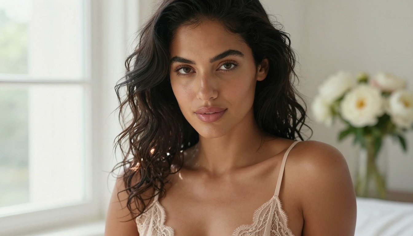 AI-generated glamour portrait, close-up natural light window photography