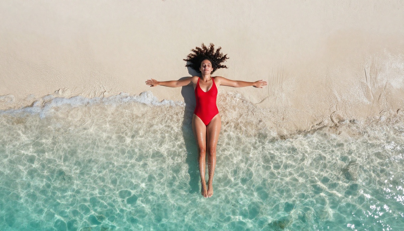 Aerial beach photography shot from directly above showing full-body composition with photorealistic skin texture and sand granule detail