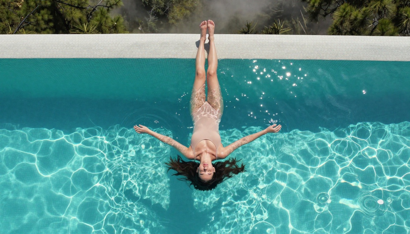 Aerial overhead drone shot of woman floating on back in turquoise infinity pool with mountain valley below