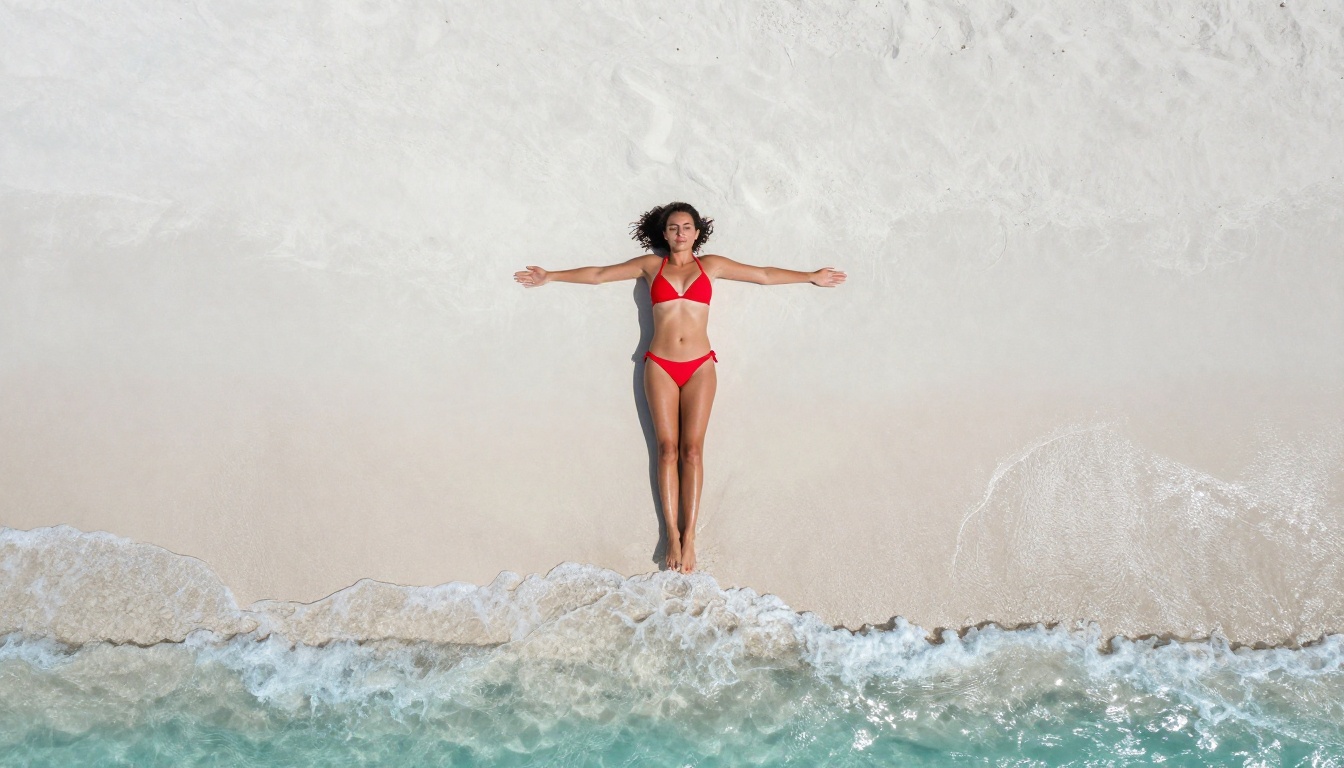 Aerial top-down view of woman in red bikini on white sand, turquoise ocean edge