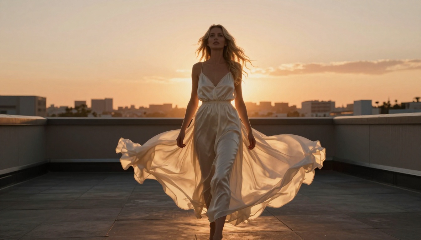 Low-angle rooftop portrait with full-body composition showing a woman in a flowing silk dress against a warm sunset cityscape