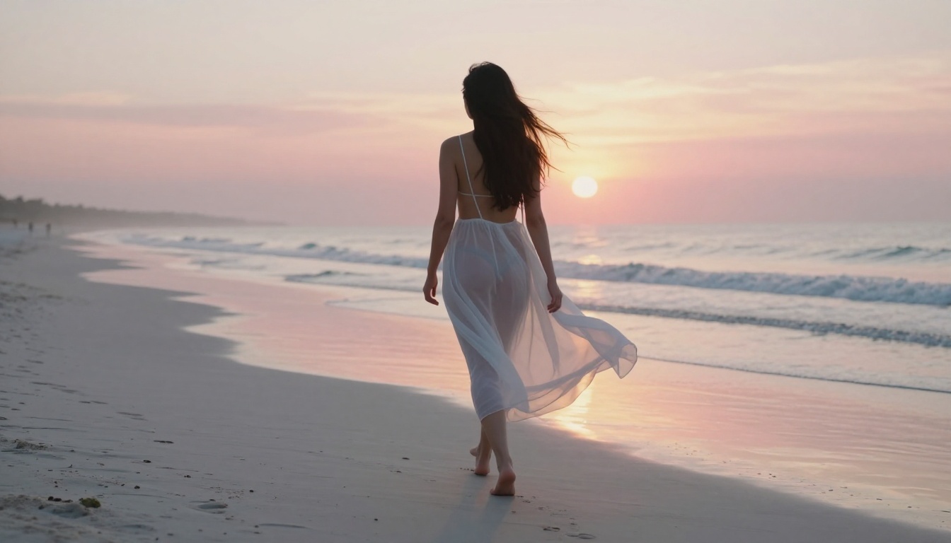 Woman walking along beach at sunrise, sheer cover-up dress, cinematic wide shot