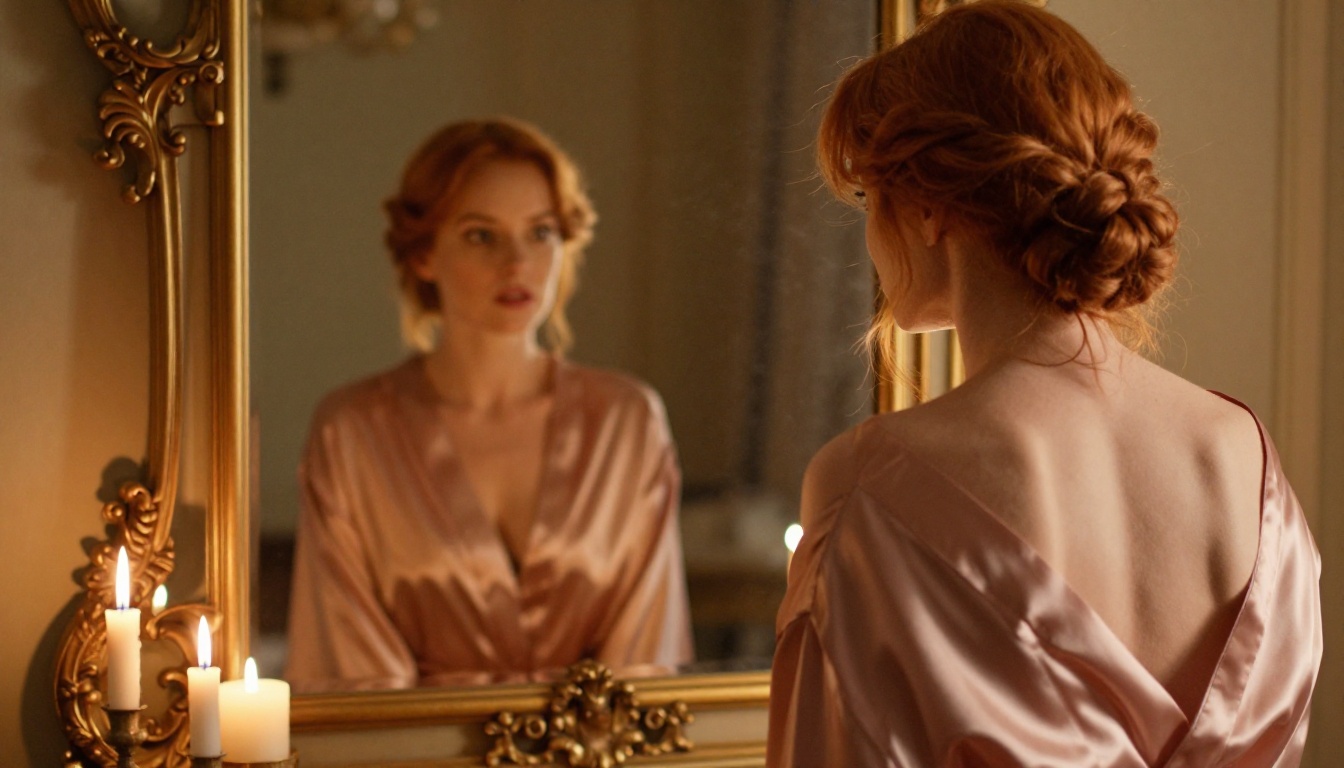 Boudoir over-the-shoulder mirror shot with warm candlelight creating chiaroscuro on a silk robe, antique gold frame and intimate atmosphere Boudoir over-the-shoulder mirror shot with warm candlelight creating chiaroscuro on a silk robe, antique gold frame and intimate atmosphere