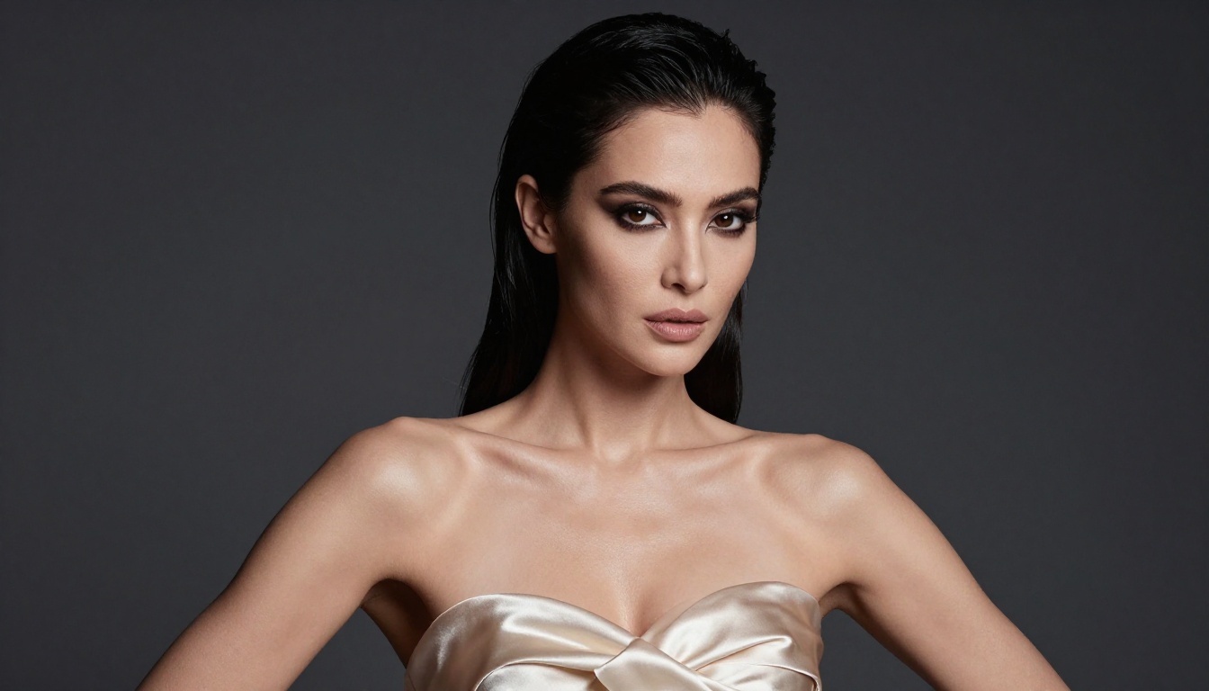 Studio glamour portrait, champagne silk gown, dark background, professional side lighting